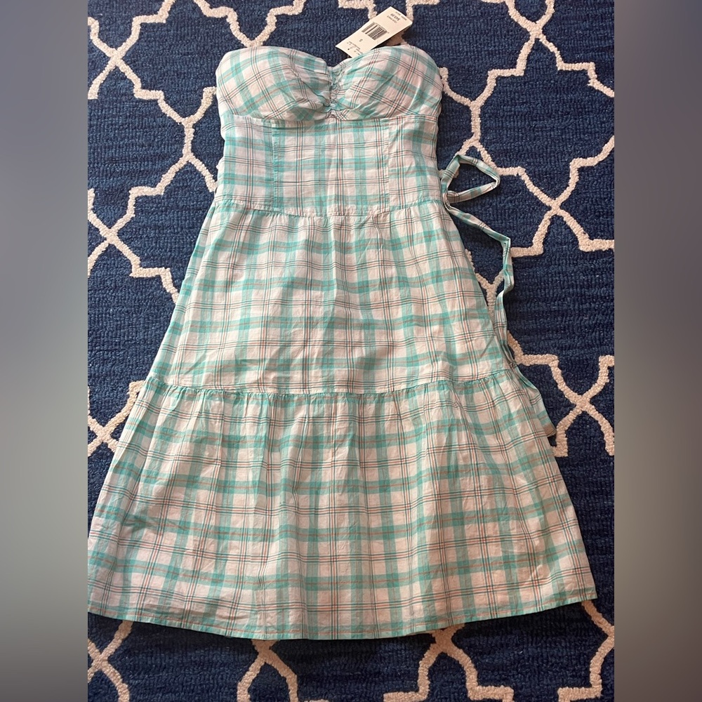 Guess Strapless Plaid Blue Lagoon Mini Dress - Teal and White